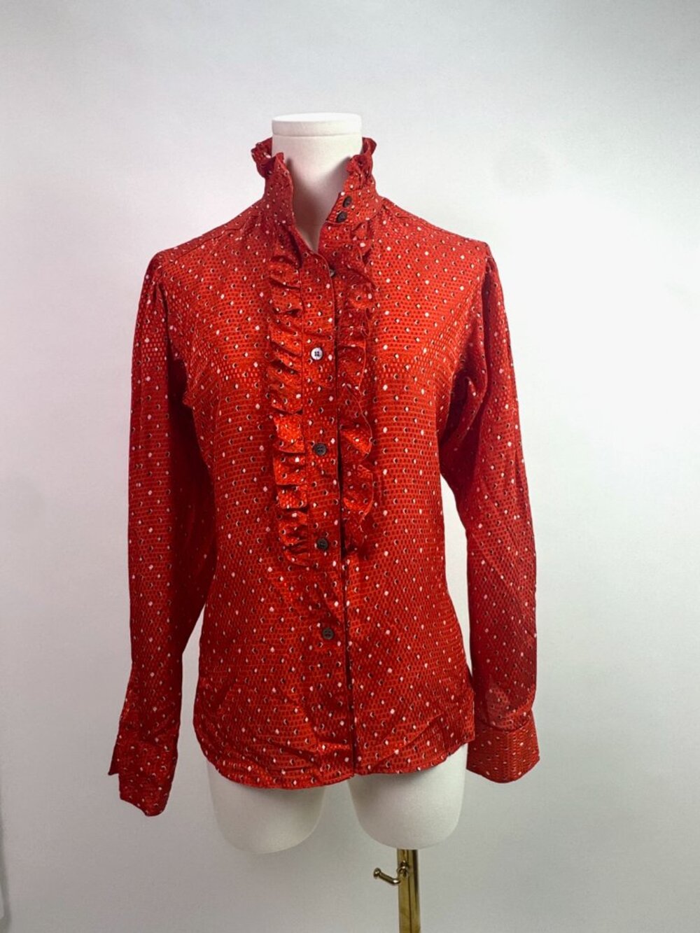 Vintage Evan Picone Red Ruffled Button-Down Long Sleeve Blouse | Vtg Work Top
